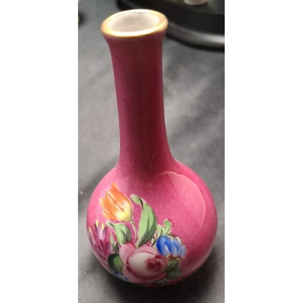 Collection of Seven Vintage Miniature Ceramic Bud Vases with Hand-Painted Design